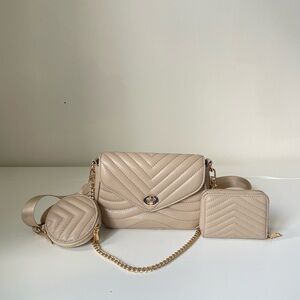 Beige crossbody bag with chain and strap. Matching cardholder & coin purse.